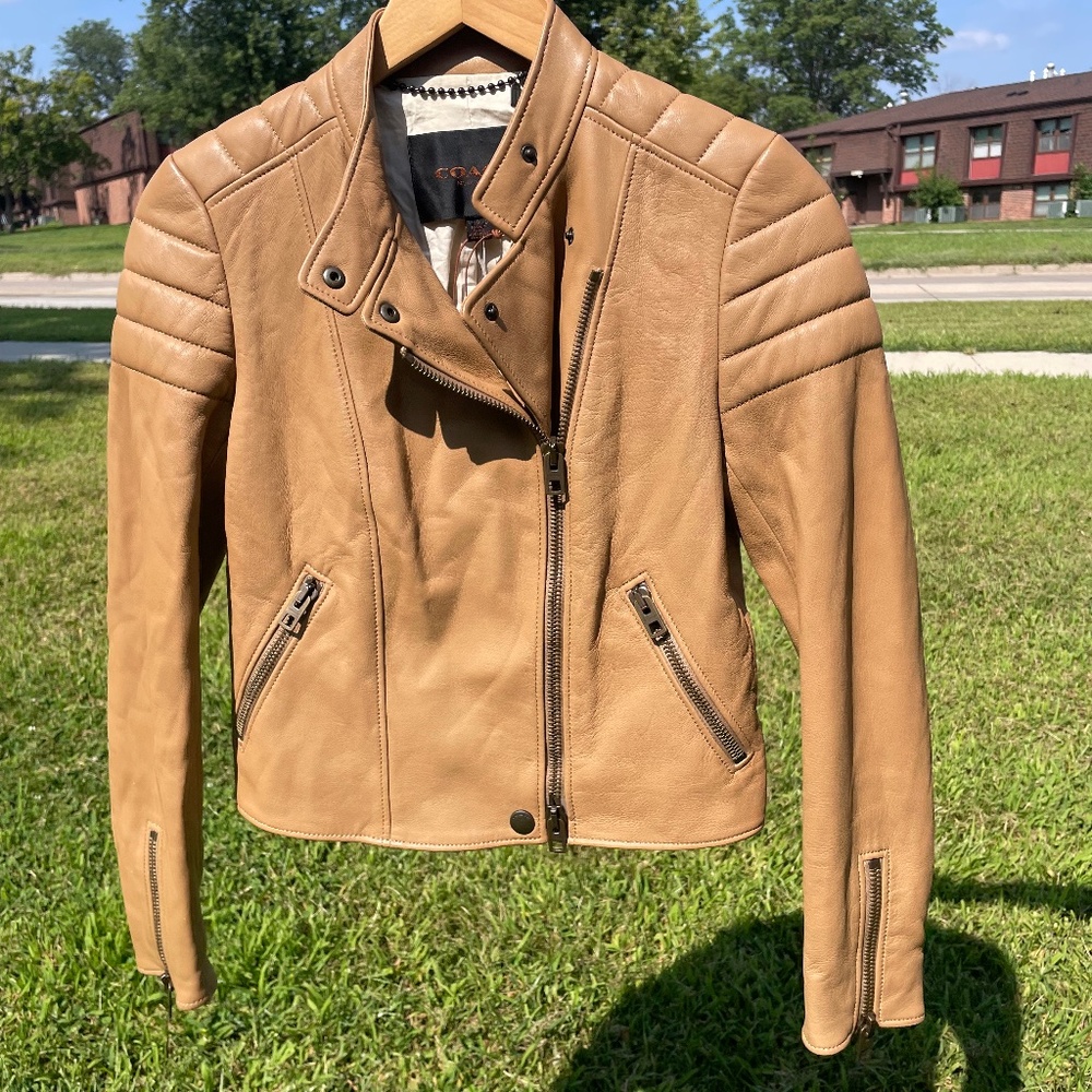 COACH Tan Leather Quilted Moto Jacket Size 0